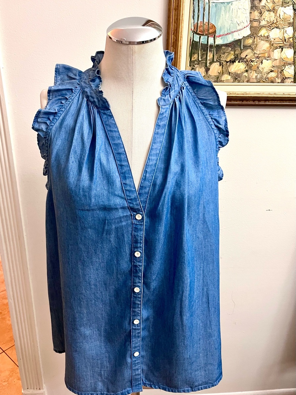 Sleeveless Blue Denim Ruffle-Trim Button Front Blouse